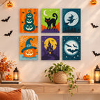 Moonlit Halloween mini paintings displayed as a gallery wall in a sunny kitchen