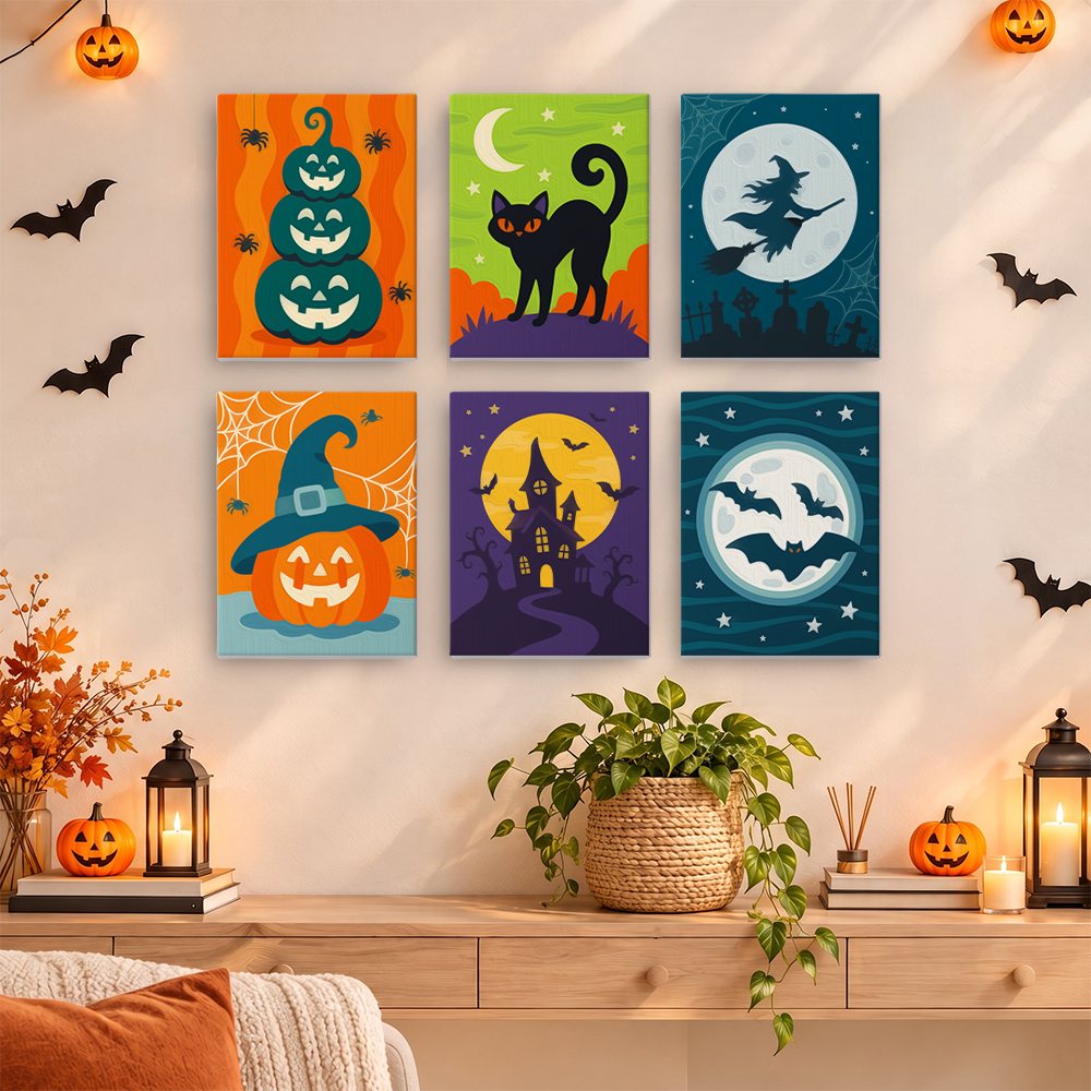 Moonlit Halloween mini paintings displayed as a gallery wall in a sunny kitchen