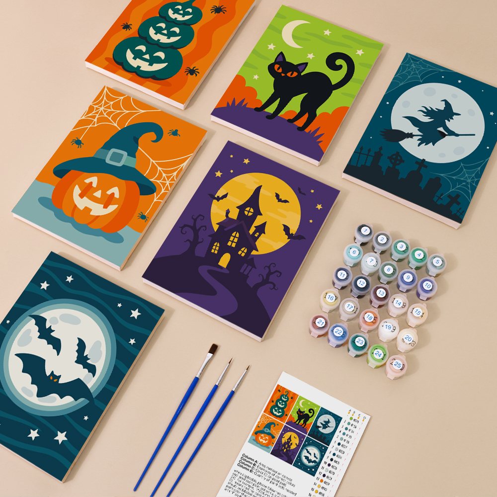 Moonlit Halloween mini paint by numbers kit with six numbered canvases, acrylic paints, brushes and layout