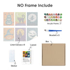 What's included without a frame: six rolled Moonlit Halloween mini canvases, acrylic paints, three brushes and layout