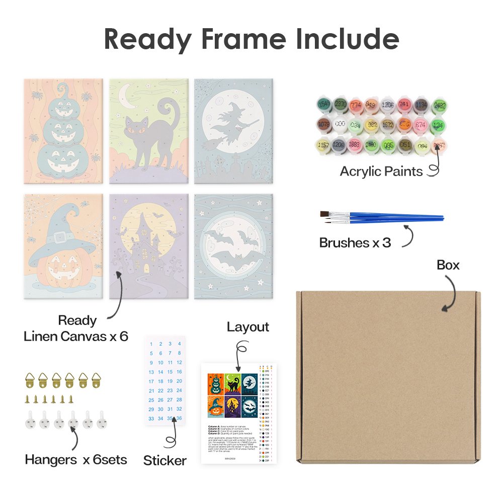What's included pre-stretched on frame: six framed Moonlit Halloween mini canvases, paints, three brushes, hangers and layout