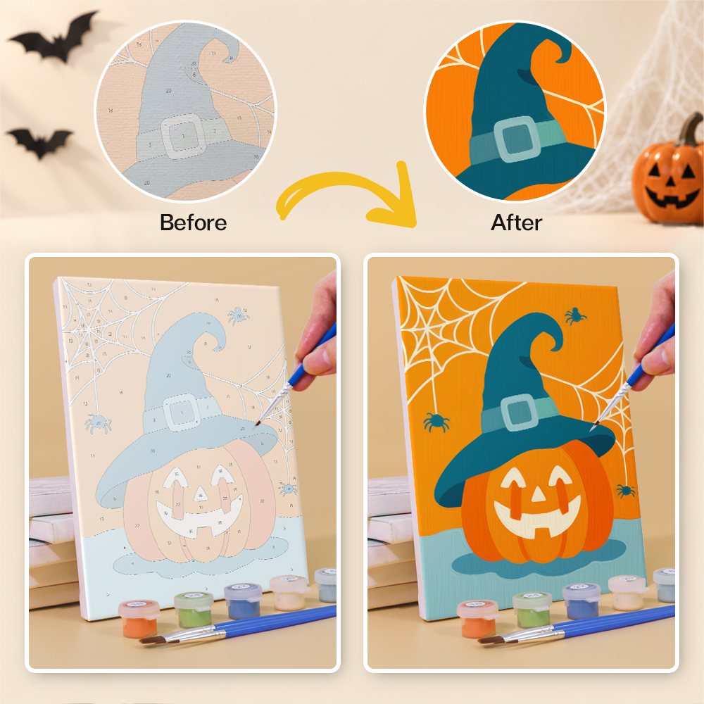 Before and after of a Moonlit Halloween mini paint by numbers canvas