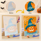 Before and after of a Moonlit Halloween mini paint by numbers canvas