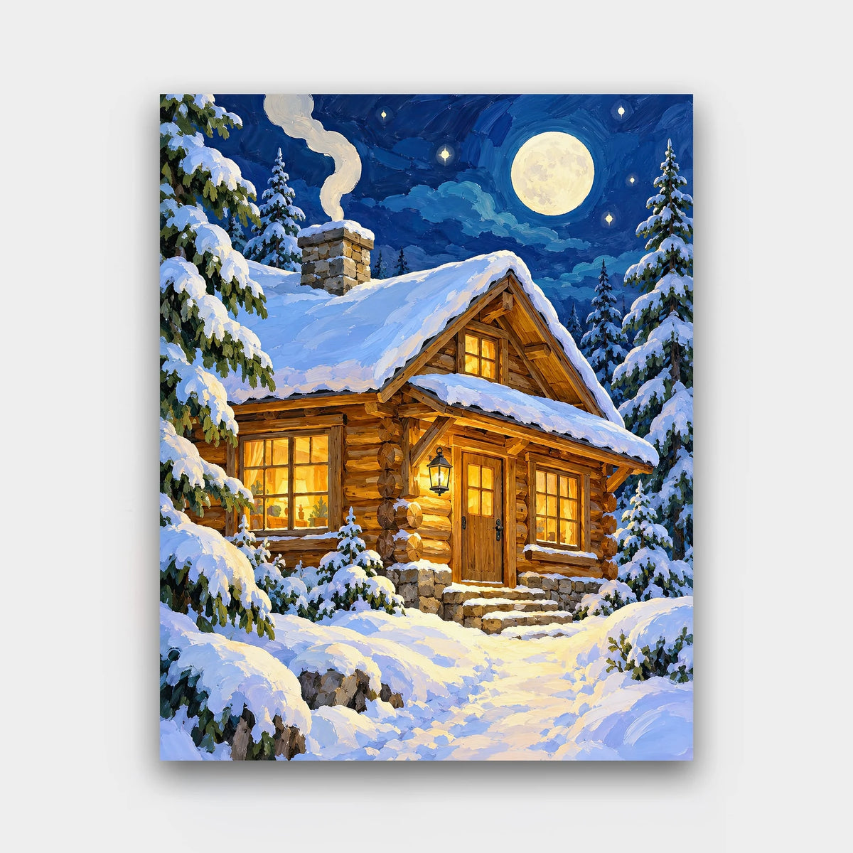 Moonlit Log Cabin paint by numbers kit of a log cabin with glowing windows among snowy pines under a full moon