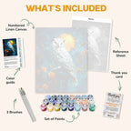What's included in the Moonlit Majesty paint by numbers kit: numbered linen canvas, reference sheet, color guide, 24 acrylic paints, 3 brushes and thank you card