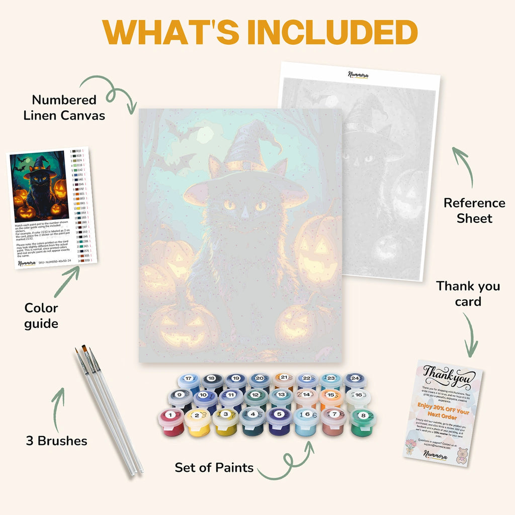 What's included in the Moonlit Meow paint by numbers kit: numbered linen canvas, reference sheet, color guide, 24 acrylic paints, 3 brushes and thank you card