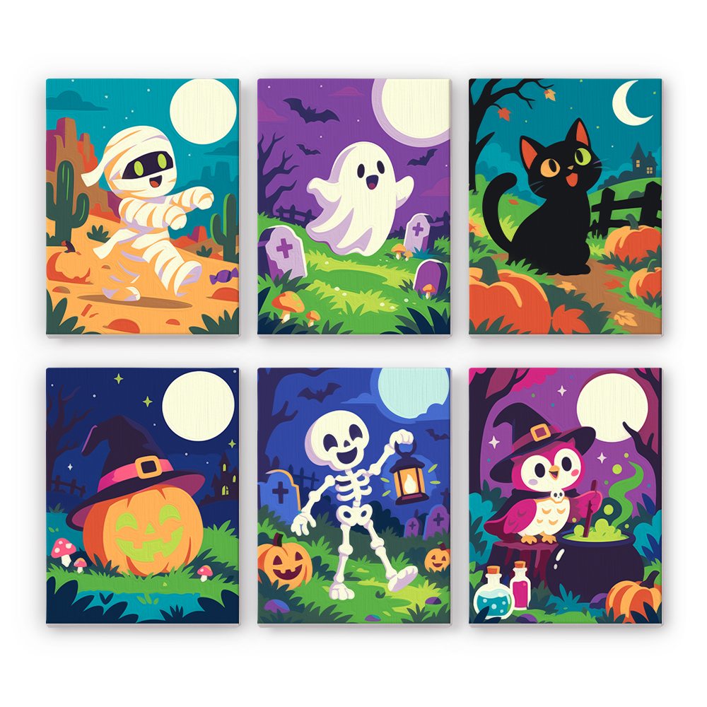 Moonlit Monster Meadows mini paint by numbers set: six moonlit Halloween scenes with a mummy, ghost, black cat, witch-hat pumpkin, skeleton and owl