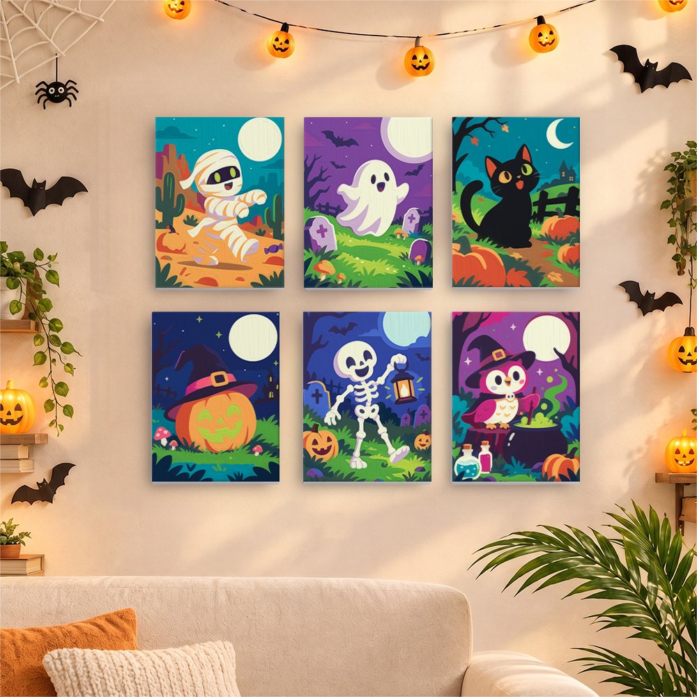 Before and after of a Moonlit Monster Meadows mini paint by numbers canvas