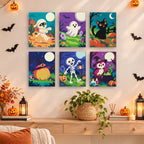 Painting a Moonlit Monster Meadows mini canvas propped up beside numbered acrylic paints