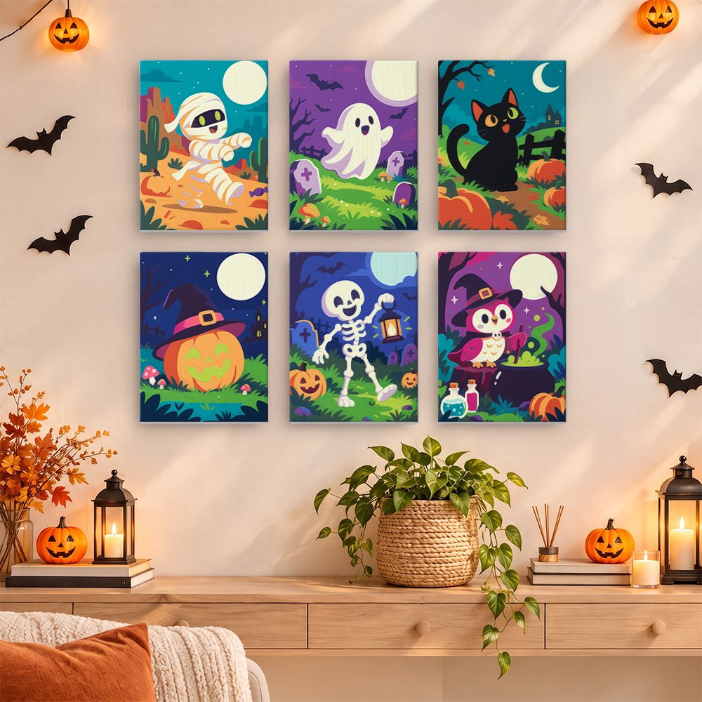 Painting a Moonlit Monster Meadows mini canvas propped up beside numbered acrylic paints