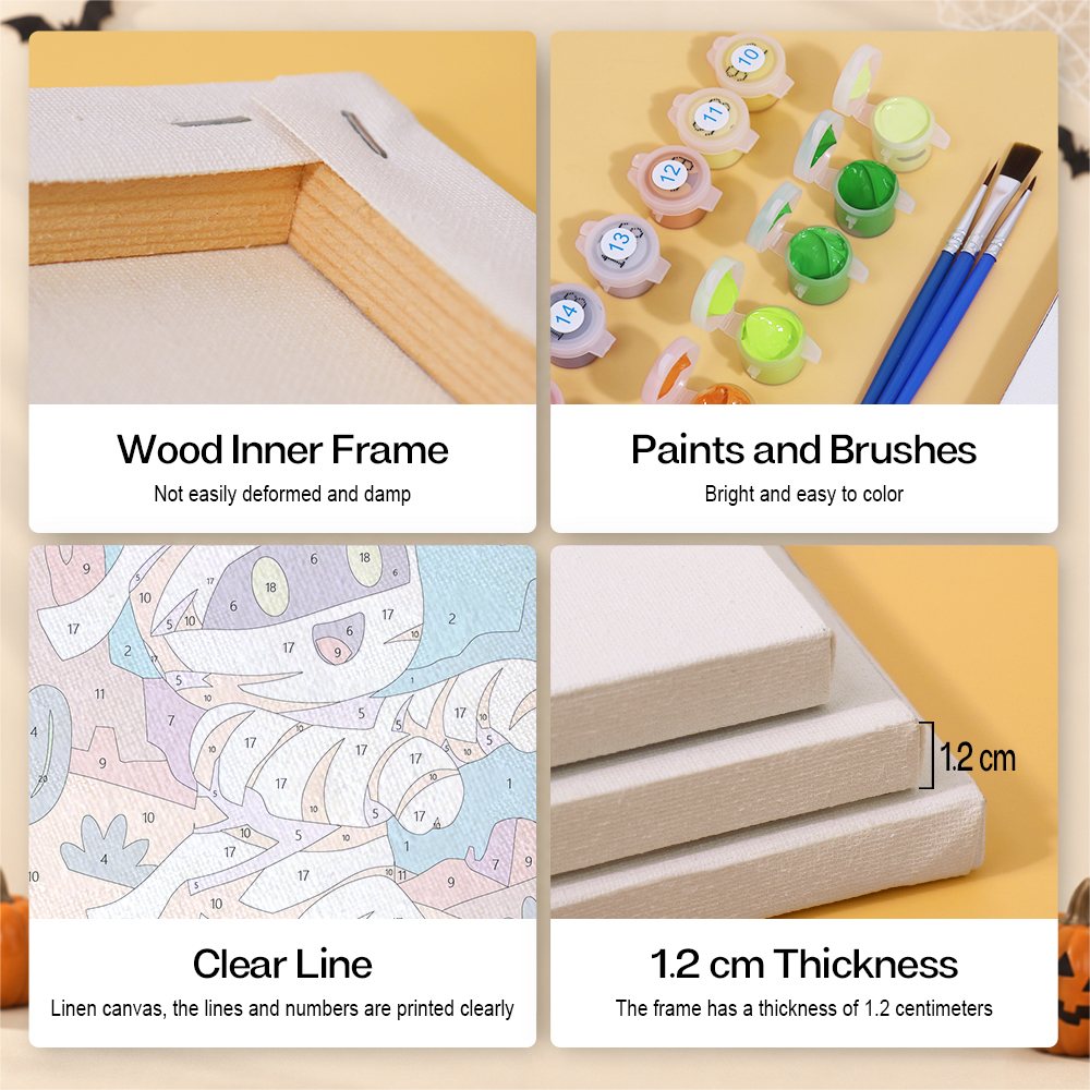 Moonlit Monster Meadows mini paint by numbers kit with six numbered canvases, acrylic paints, brushes and layout
