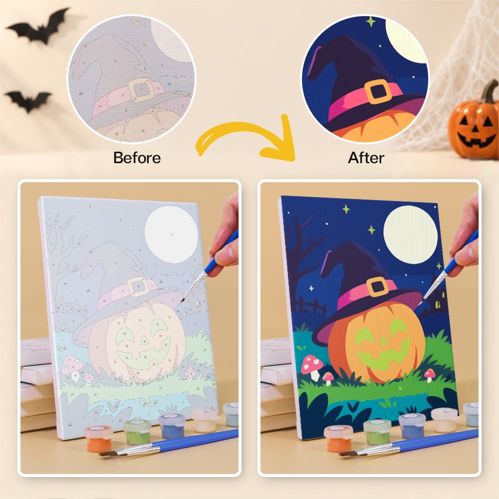 What's included without a frame: six rolled Moonlit Monster Meadows mini canvases, acrylic paints, three brushes and layout