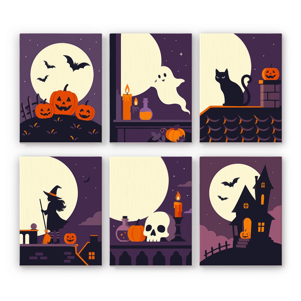 Moonlit Silhouettes mini paint by numbers set: six Halloween silhouettes against giant cream moons, including pumpkins, a ghost, a black cat, a witch, a skull and a haunted house