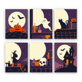 Moonlit Silhouettes mini paint by numbers set: six Halloween silhouettes against giant cream moons, including pumpkins, a ghost, a black cat, a witch, a skull and a haunted house