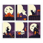 Moonlit Silhouettes mini paint by numbers set: six Halloween silhouettes against giant cream moons, including pumpkins, a ghost, a black cat, a witch, a skull and a haunted house