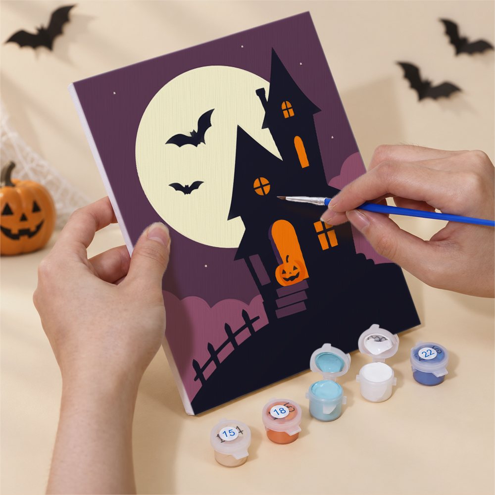 Numbered paint pots and brushes on a pre-stretched Moonlit Silhouettes mini canvas