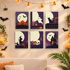 Before and after of a Moonlit Silhouettes mini paint by numbers canvas