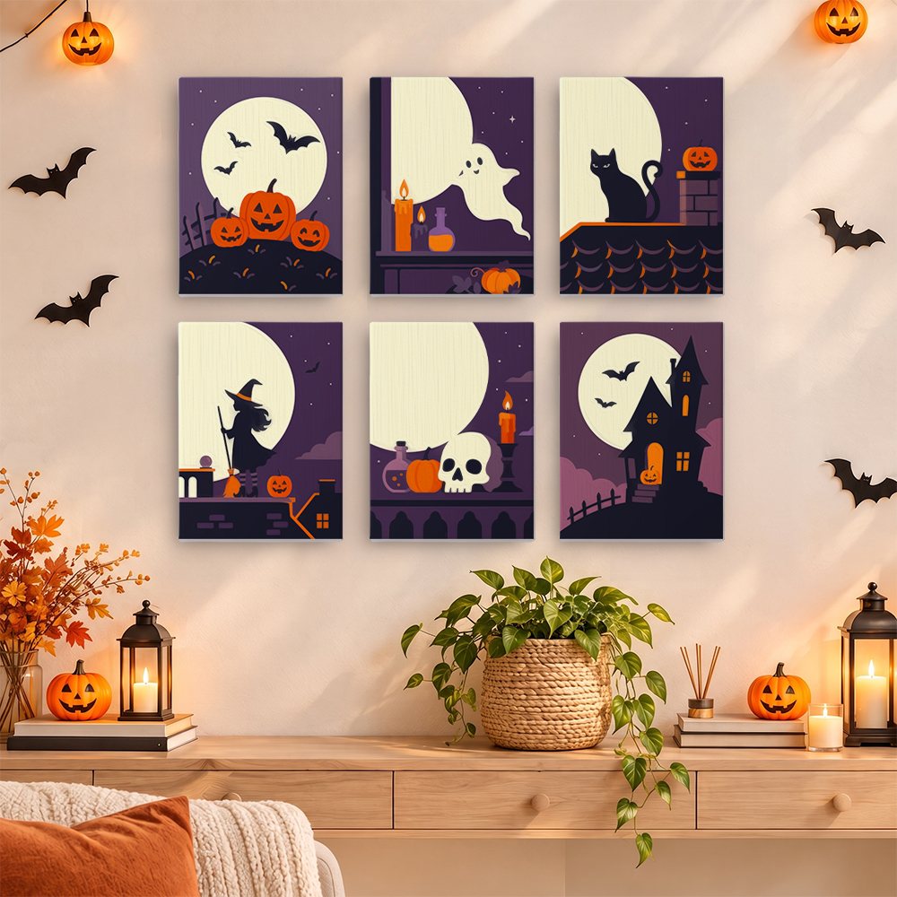 Painting a Moonlit Silhouettes mini canvas propped up beside numbered acrylic paints