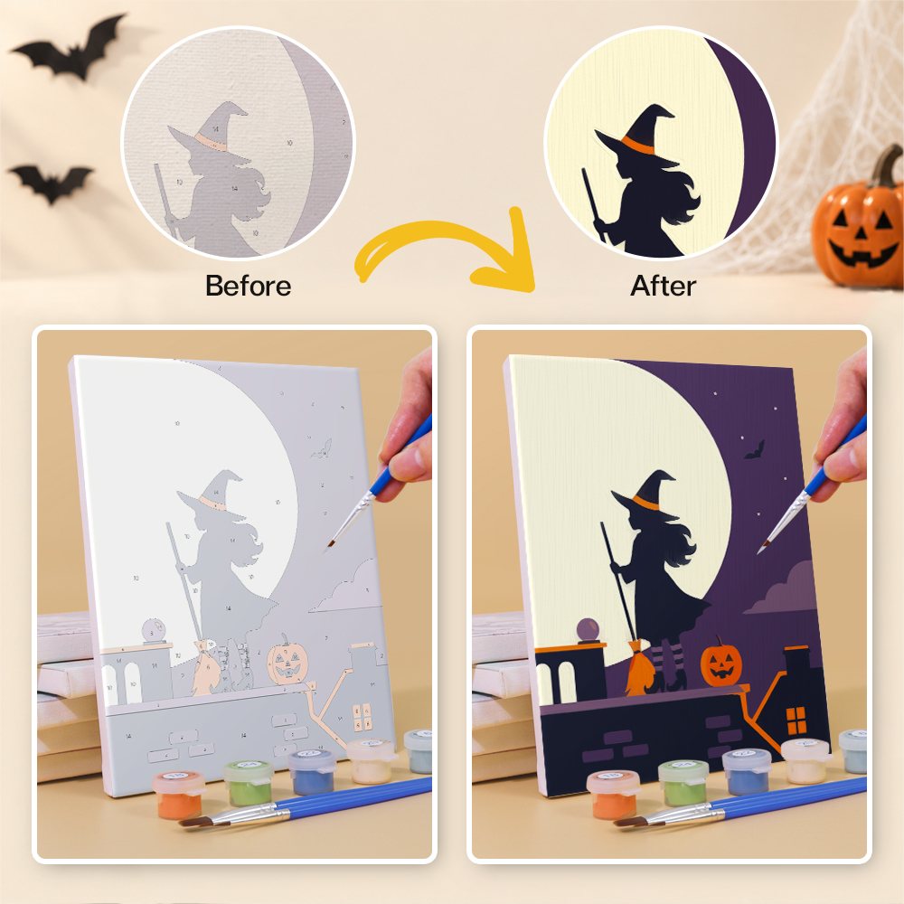 What's included without a frame: six rolled Moonlit Silhouettes mini canvases, acrylic paints, three brushes and layout