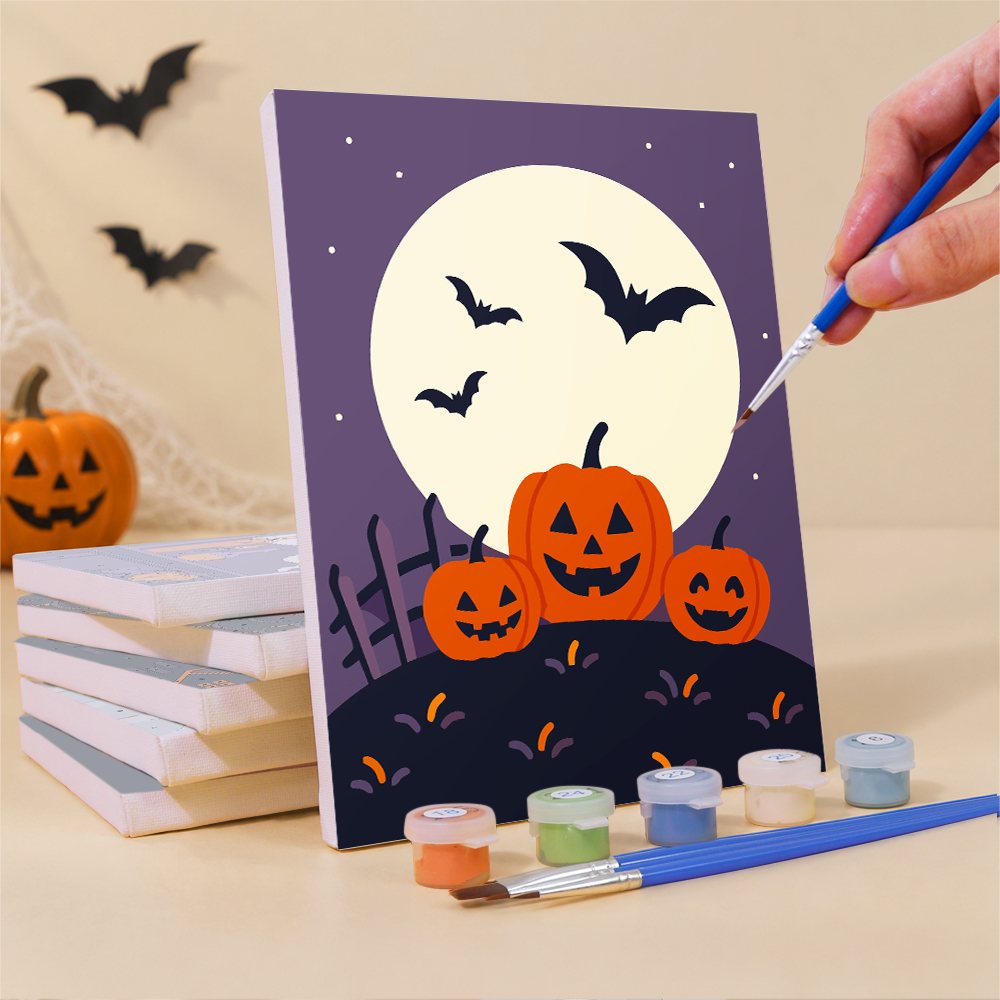 What's included pre-stretched on frame: six framed Moonlit Silhouettes mini canvases, paints, three brushes, hangers and layout