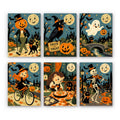 Moonlit Storybook Halloween mini paint by numbers set: six vintage storybook scenes under smiling moons with a pumpkin-head gentleman, crow, ghost, witch, hedgehog and skeleton
