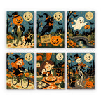 Moonlit Storybook Halloween mini paint by numbers set: six vintage storybook scenes under smiling moons with a pumpkin-head gentleman, crow, ghost, witch, hedgehog and skeleton