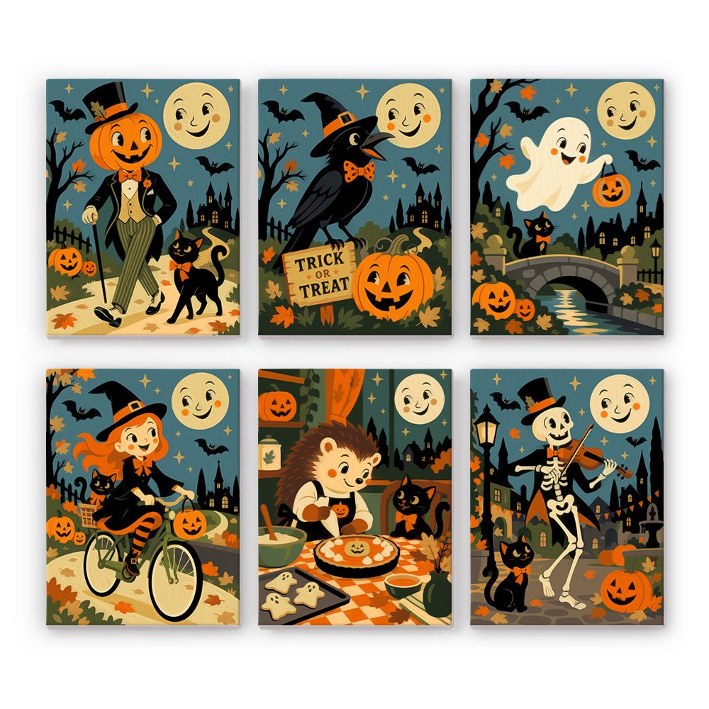 Moonlit Storybook Halloween mini paint by numbers set: six vintage storybook scenes under smiling moons with a pumpkin-head gentleman, crow, ghost, witch, hedgehog and skeleton