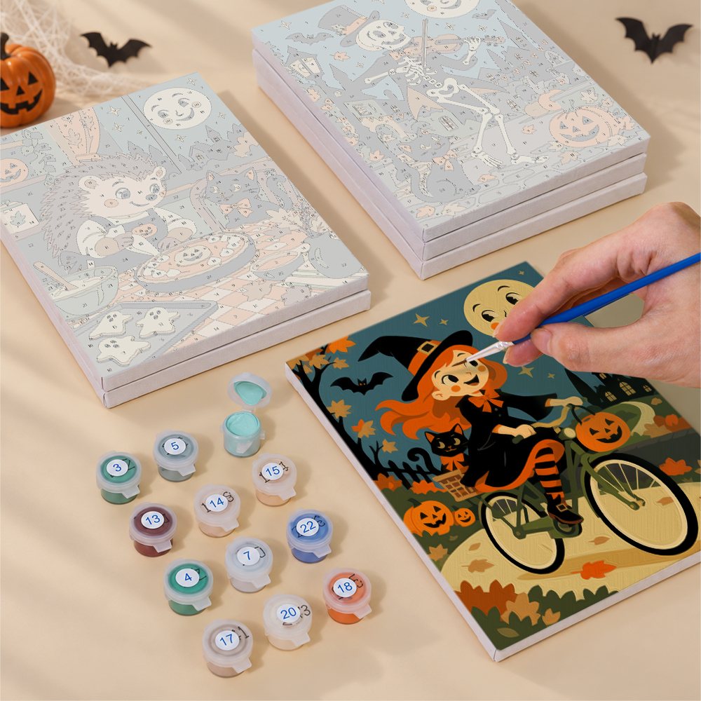 Moonlit Storybook Halloween mini canvas shown rolled without a frame and pre-stretched on a frame