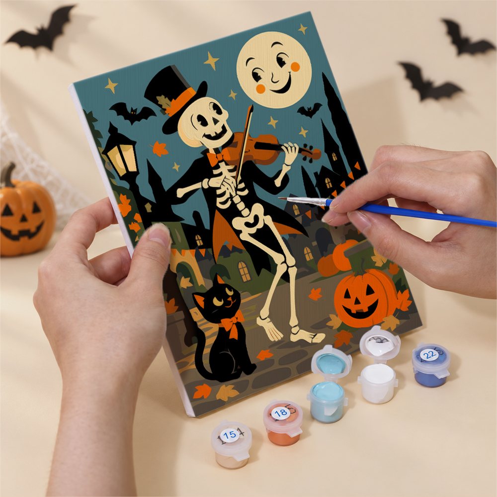 Numbered paint pots and brushes on a pre-stretched Moonlit Storybook Halloween mini canvas