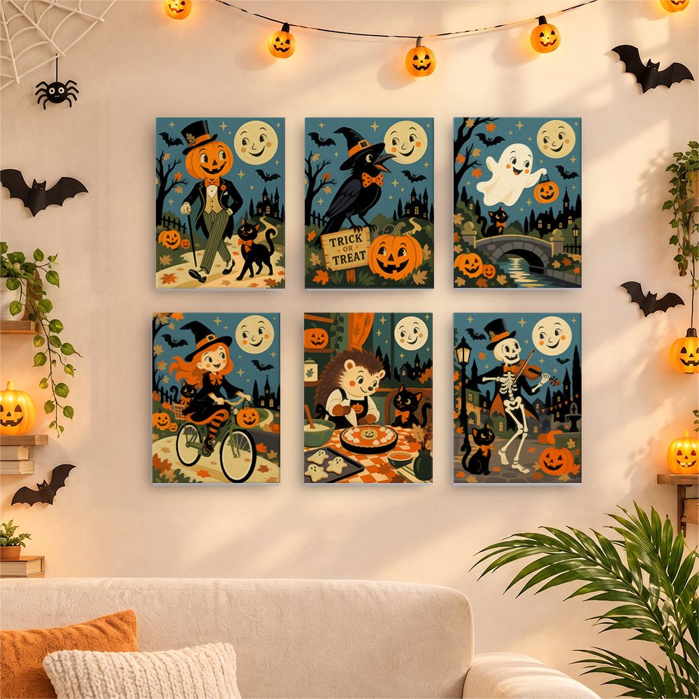 Before and after of a Moonlit Storybook Halloween mini paint by numbers canvas