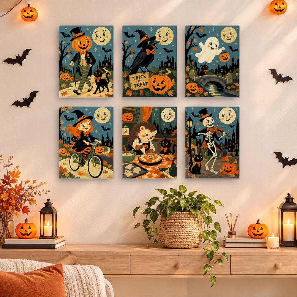 Painting a Moonlit Storybook Halloween mini canvas propped up beside numbered acrylic paints