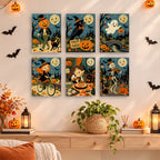 Painting a Moonlit Storybook Halloween mini canvas propped up beside numbered acrylic paints