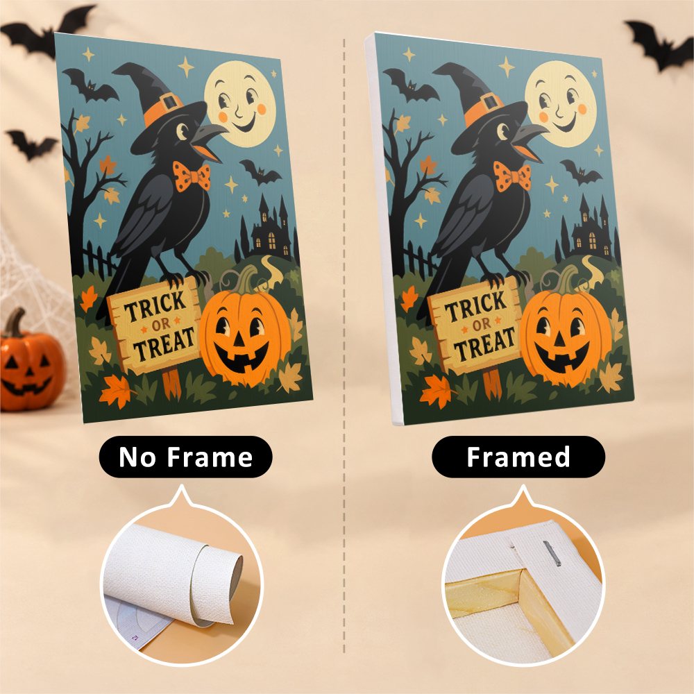 Six finished Moonlit Storybook Halloween mini paintings hung on a wall above a table
