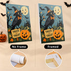 Six finished Moonlit Storybook Halloween mini paintings hung on a wall above a table