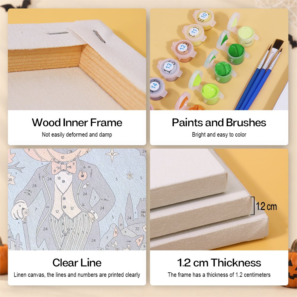 Moonlit Storybook Halloween mini paint by numbers kit with six numbered canvases, acrylic paints, brushes and layout