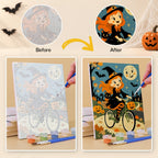 What's included without a frame: six rolled Moonlit Storybook Halloween mini canvases, acrylic paints, three brushes and layout