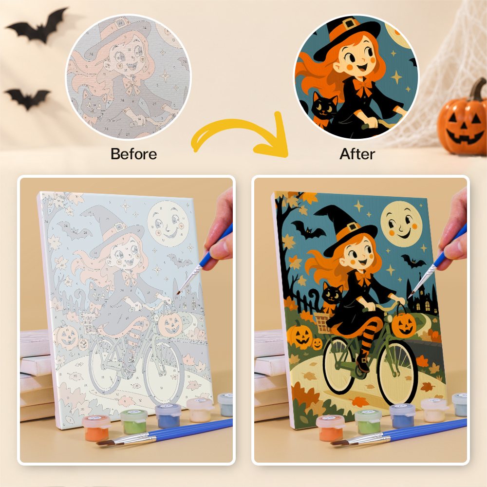 What's included without a frame: six rolled Moonlit Storybook Halloween mini canvases, acrylic paints, three brushes and layout
