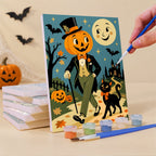 What's included pre-stretched on frame: six framed Moonlit Storybook Halloween mini canvases, paints, three brushes, hangers and layout