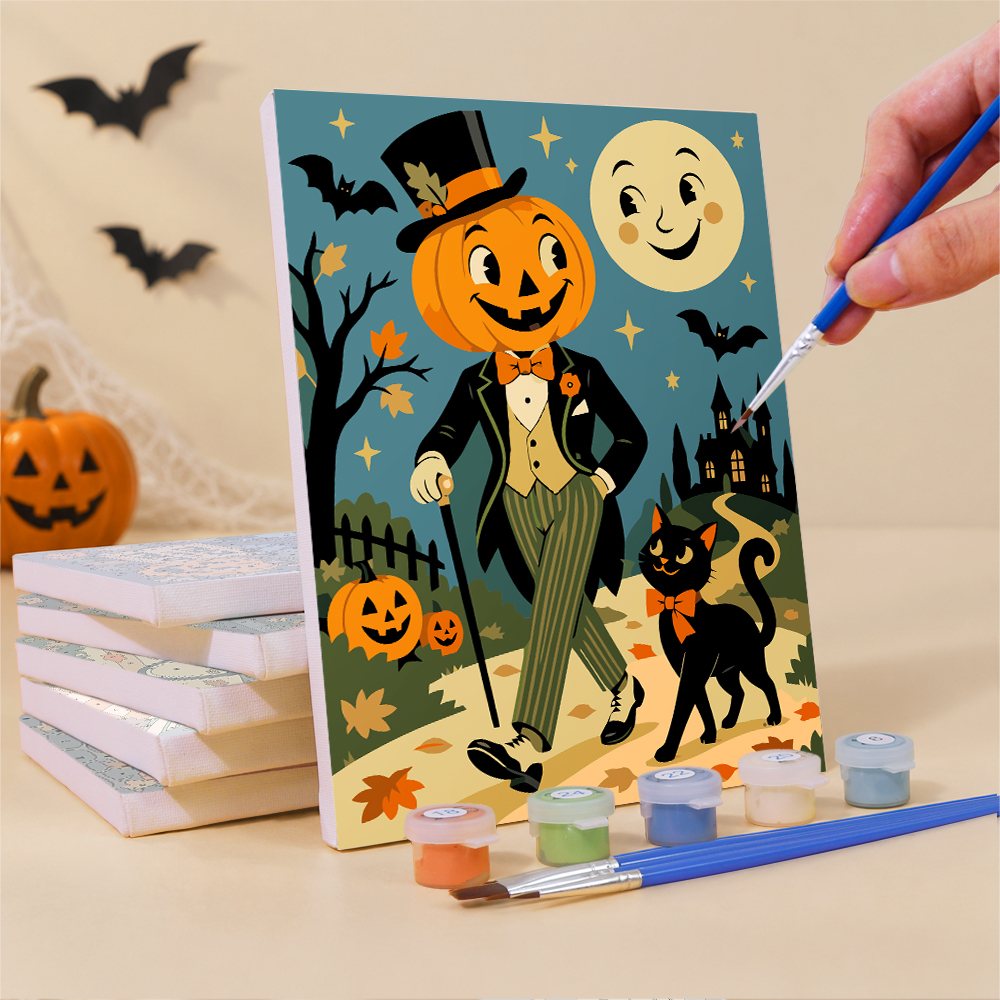 What's included pre-stretched on frame: six framed Moonlit Storybook Halloween mini canvases, paints, three brushes, hangers and layout