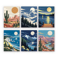 Moonlit Wilderness mini paint by numbers set: six landscapes of desert, snowy peaks, a lake dock, sea cliffs and a canyon