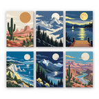 Moonlit Wilderness mini paint by numbers set: six landscapes of desert, snowy peaks, a lake dock, sea cliffs and a canyon