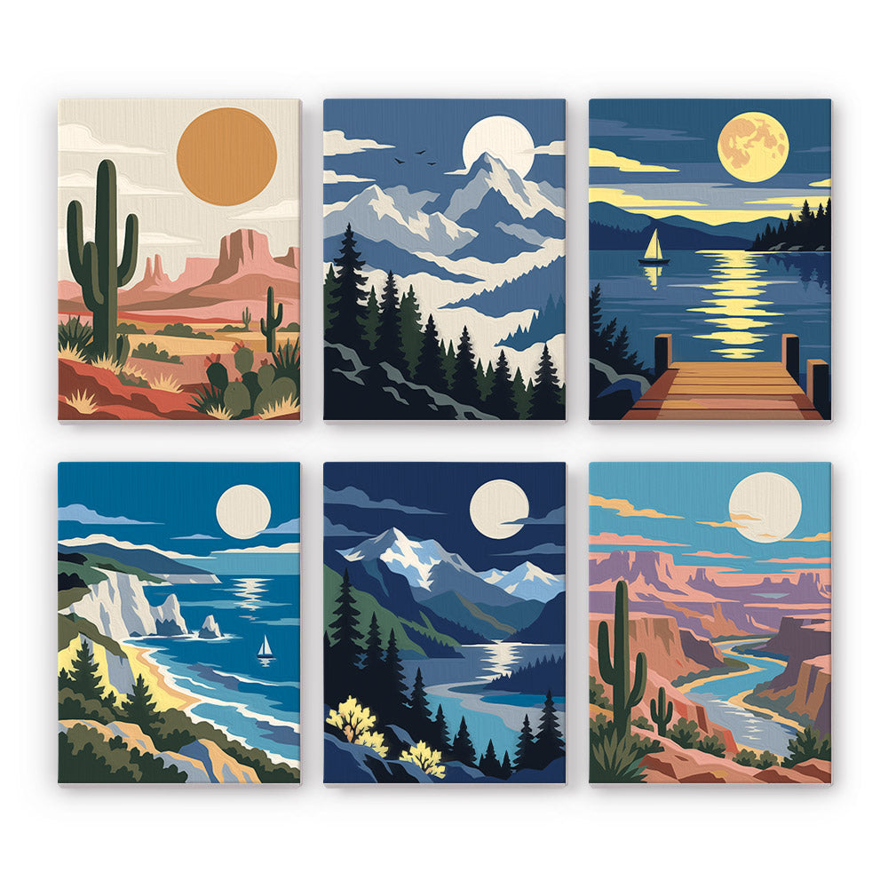 Moonlit Wilderness mini paint by numbers set: six landscapes of desert, snowy peaks, a lake dock, sea cliffs and a canyon