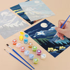 Filling in a Moonlit Wilderness mini canvas with numbered acrylic paints and a fine brush