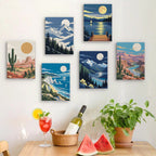 Six finished Moonlit Wilderness mini paintings hung on a wall above a table