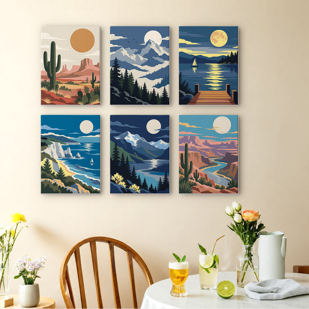 Moonlit Wilderness mini paintings displayed as a gallery wall in a sunny kitchen
