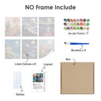 What's included without a frame: six rolled Moonlit Wilderness mini canvases, acrylic paints, three brushes and layout