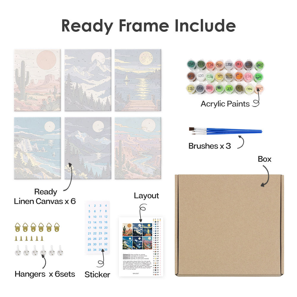 What's included pre-stretched on frame: six framed Moonlit Wilderness mini canvases, paints, three brushes, hangers and layout