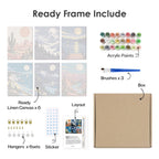 What's included pre-stretched on frame: six framed Moonlit Wilderness mini canvases, paints, three brushes, hangers and layout