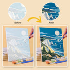 Before and after of a Moonlit Wilderness mini paint by numbers canvas