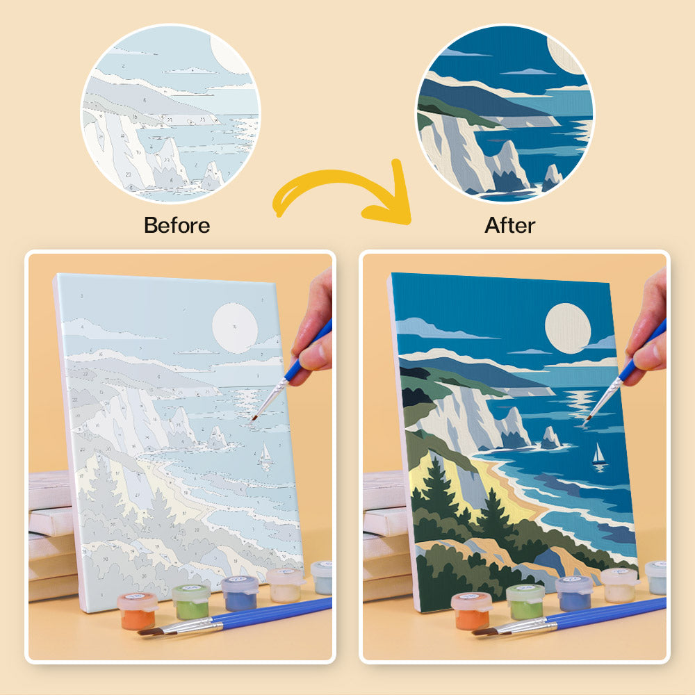 Before and after of a Moonlit Wilderness mini paint by numbers canvas